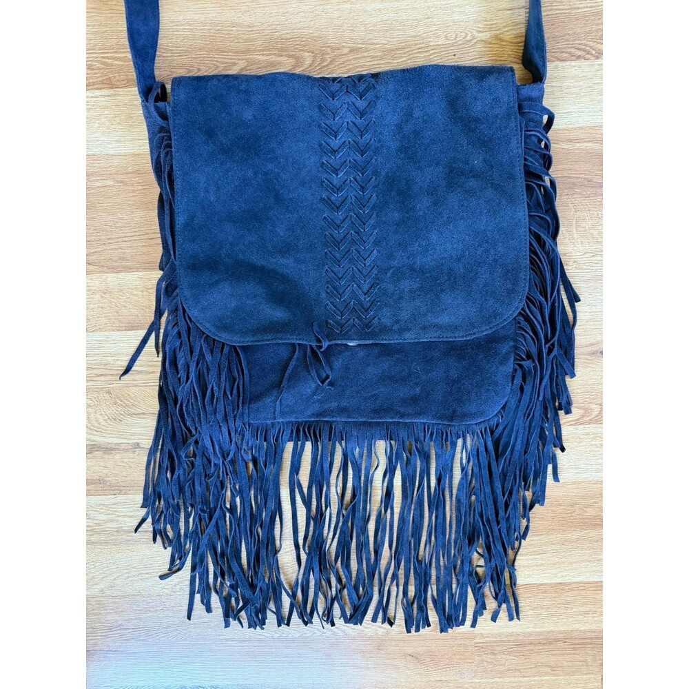 RAJ Anthropologie Genuine Leather Suede Fringe Crossbody Bag Navy Blue Boho - Picture 2 of 9